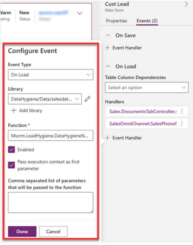 Screenshot of the event configuration for the event handler for duplicate lead detection.