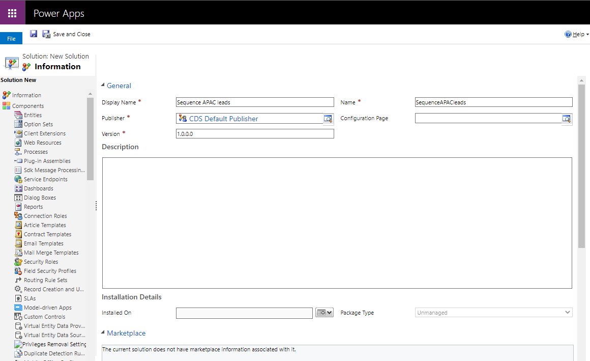 Enter values for the solution in the new solution dialog