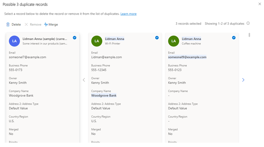 Screenshot of selecting duplicate records to merge.