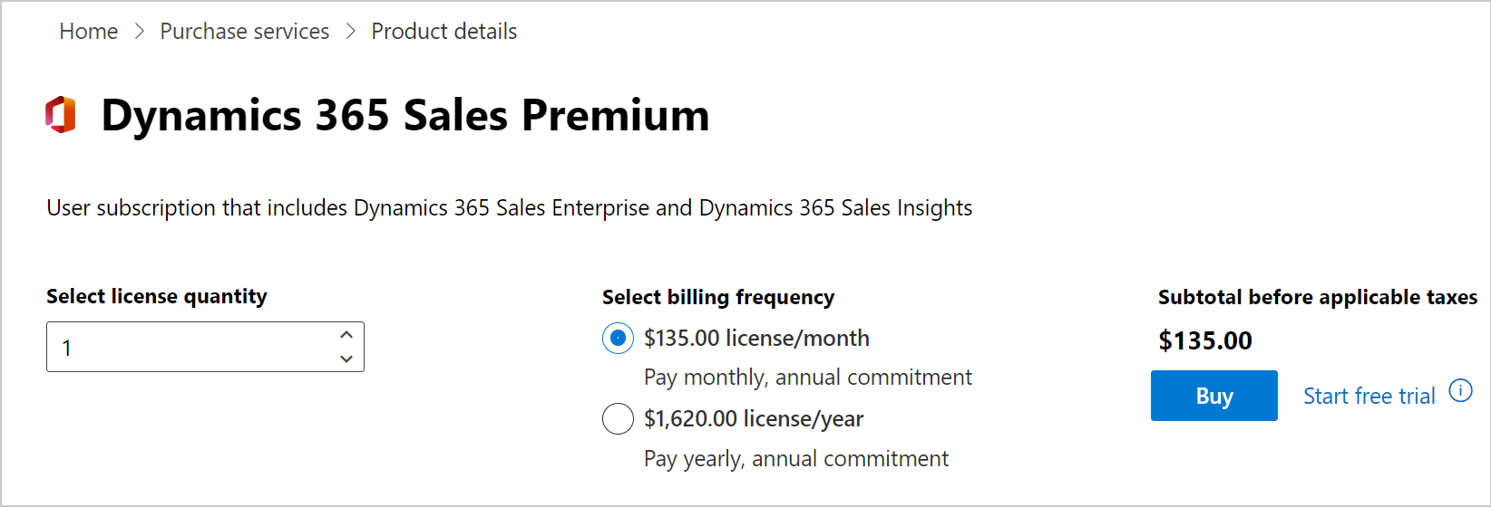 Screenshot of the Dynamics 365 Sales Premium license purchase page.