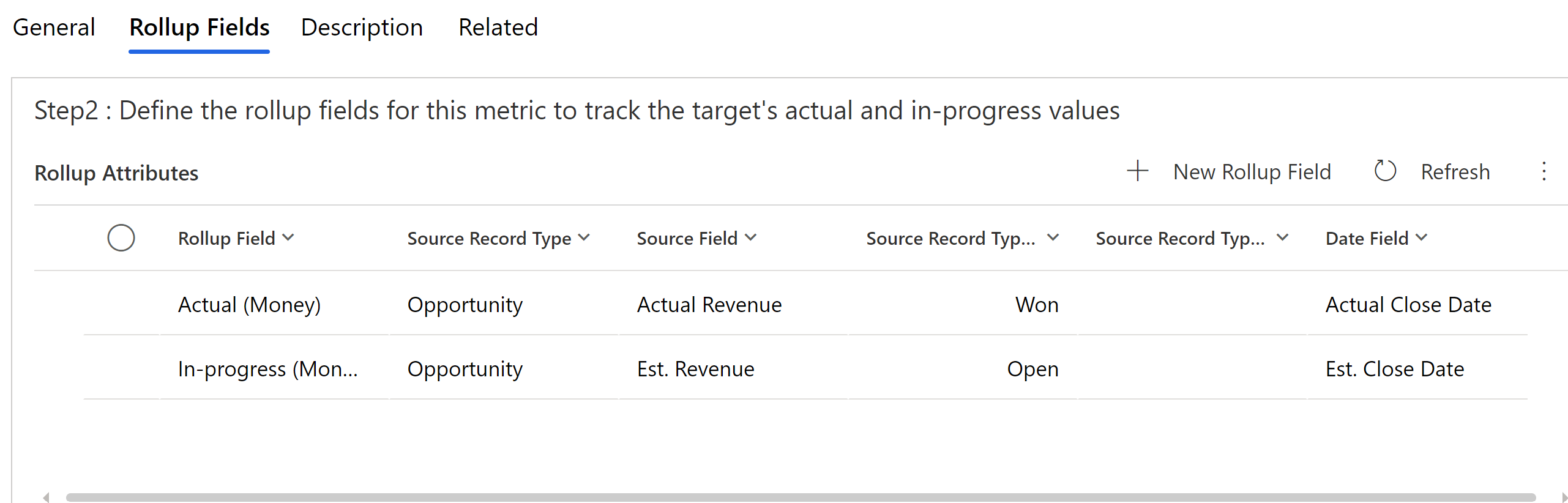 Rollup fields tab on goal metric form.