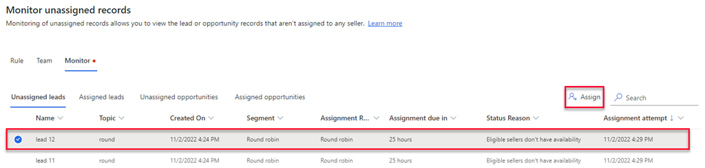 Screenshot of an unassigned record selected, with the Assign button highlighted.