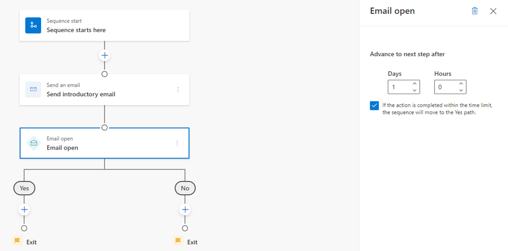 Screenshot showing email open result Advance to next step after is set to 1 day.