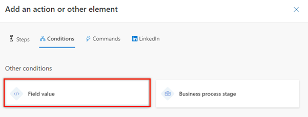 Screenshot of the Conditions tab in the activity selection step for field values.