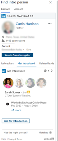 LinkedIn Get introduced tab on the Find intro person side pane.