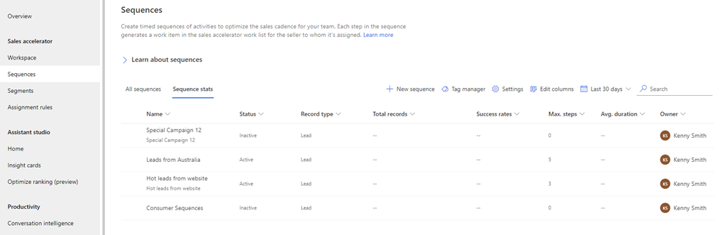 The sequence stats page.