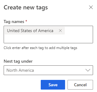 Screenshot of adding the tags United States of America, Canada, and Mexico under the parent node North America.