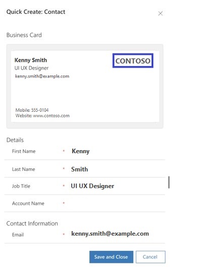 Contact form showing scanned card with automatically populated fields.