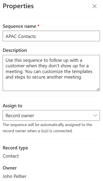 Screenshot of the properties pane for assigning sequence