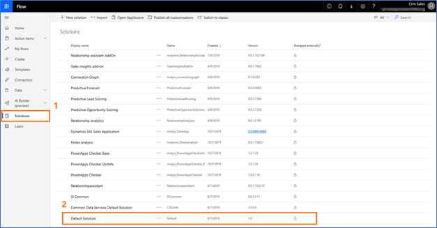 Select the default solution in Power Automate