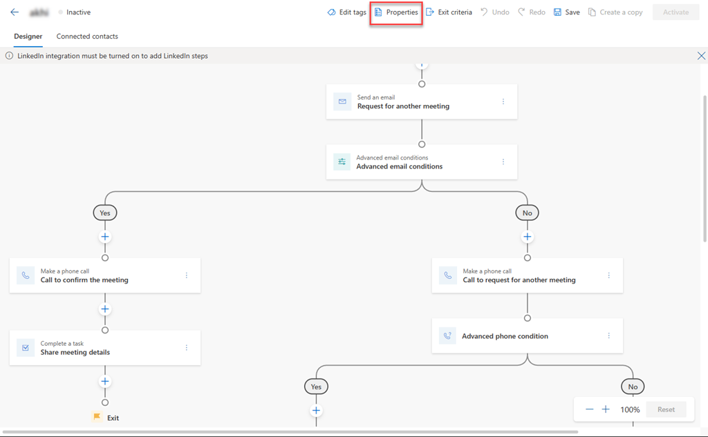 Screenshot of the sequence page with properties option