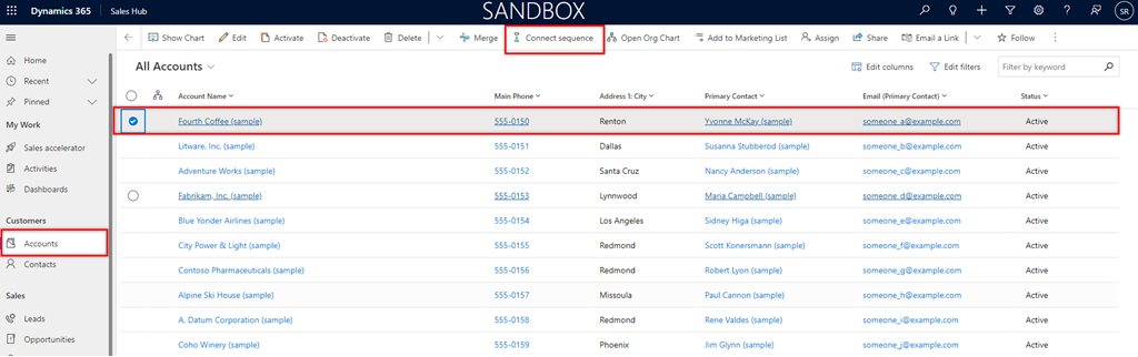 Screenshot of the Accounts grid view to connect a sequence.