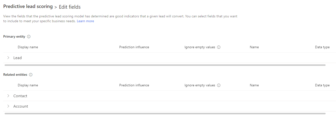 Screenshot of the Predictive lead scoring > Edit page.