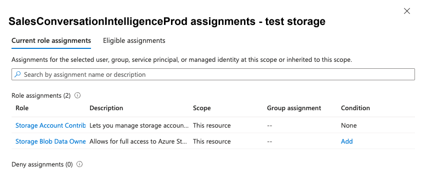 Screenshot of the role assignment tab with the roles assigned for the SalesInsightsWebApp in the Azure portal