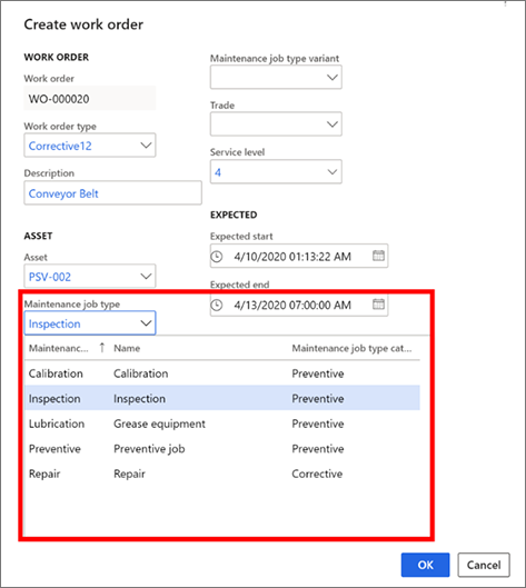 Select a maintenance job type.