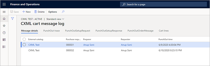 cXML cart message log page.