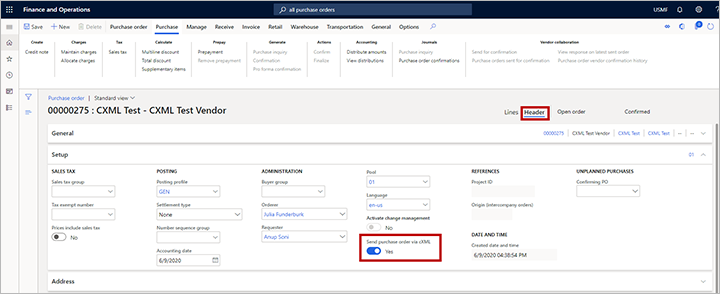 Purchase order set to use cXML.