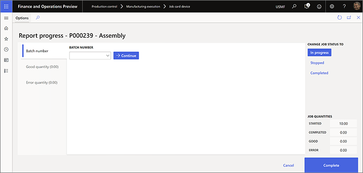 Report progress page with a field for manual batch numbers.