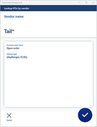 Purchase receiving using PO lookup by vendor, example 1.