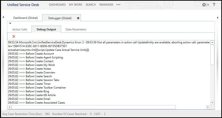 Unified Service Desk Debug Output tab.