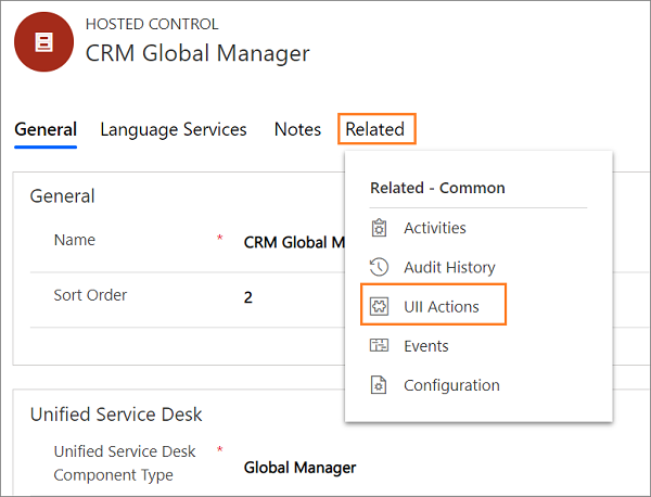 Navigation to UII Actions for hosted control in Related tab.