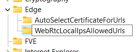 A zoomed-in screen capture of Registry's GUI, new key name of 'WebRtcLocalIpsAllowedUrls' being inputted under 'Edge' key.