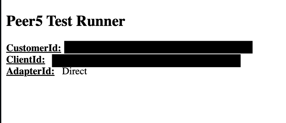 Image of Test Runner webpage; includes Customer ID, Client ID, and Adapter ID, the values of which are blacked-out.