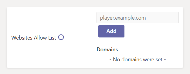 Image of 'Websites Allow List' UI, containing a textbox and purple 'Add' button.