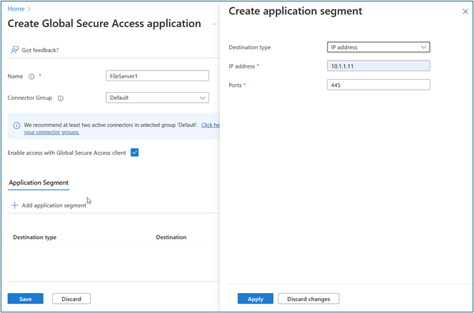 Screenshot of Create Global Secure Access application, Create application segment.