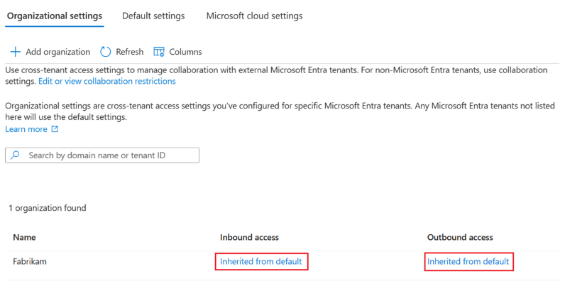 Screenshot of Organizational settings with red boxes highlighting Inherited from default in the Inbound access and Outbound access columns.