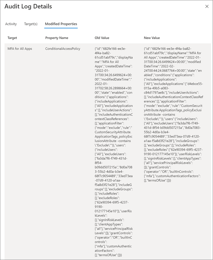 Screenshot that shows Audit log details for a change to a Conditional Access policy.