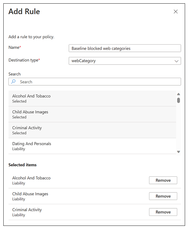 Screenshot of Global Secure Access, Create a web content filtering policy, Add Rule for baseline policy.