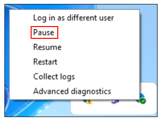 Screenshot of Global Secure Access System Tray options, Pause.