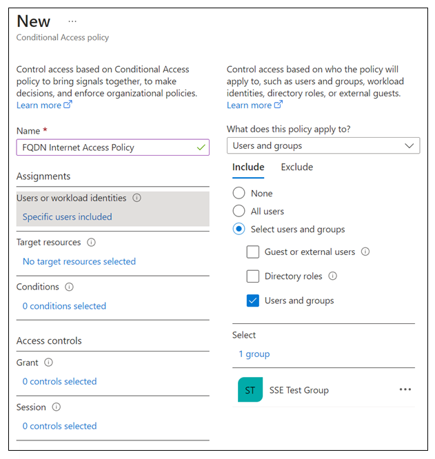 Screenshot of Conditional Access, New Conditional Access policy to block FQDN Internet Access Policy.