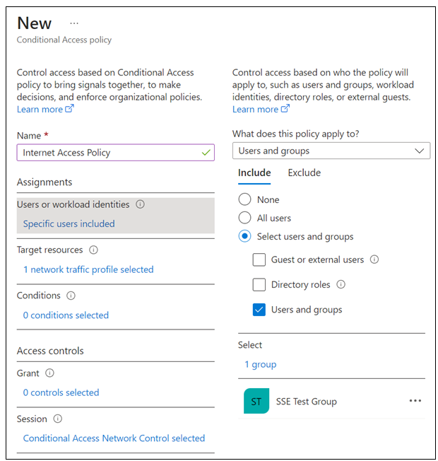 Screenshot of Conditional Access, New Conditional Access policy for Internet Access Policy.