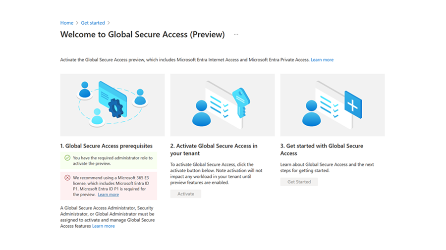 Diagram that shows initial activation page for Microsoft's Security Service Edge Solution.