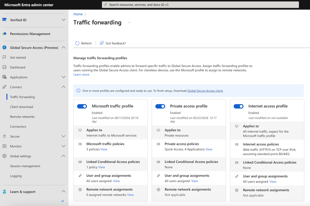 Diagram that shows how to enable Microsoft Traffic and Private access profiles.