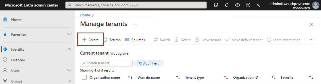 Screenshot of the create tenant option.