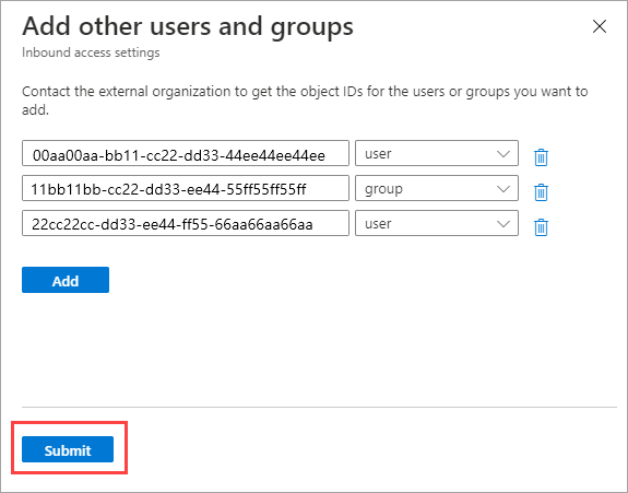 Screenshot showing submitting users and groups.