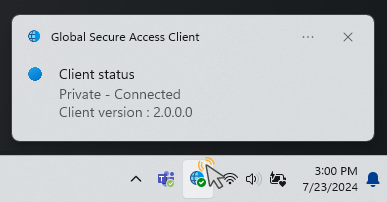 Screenshot of the Global Secure Access client system tray icon along with the current health status of Connected.