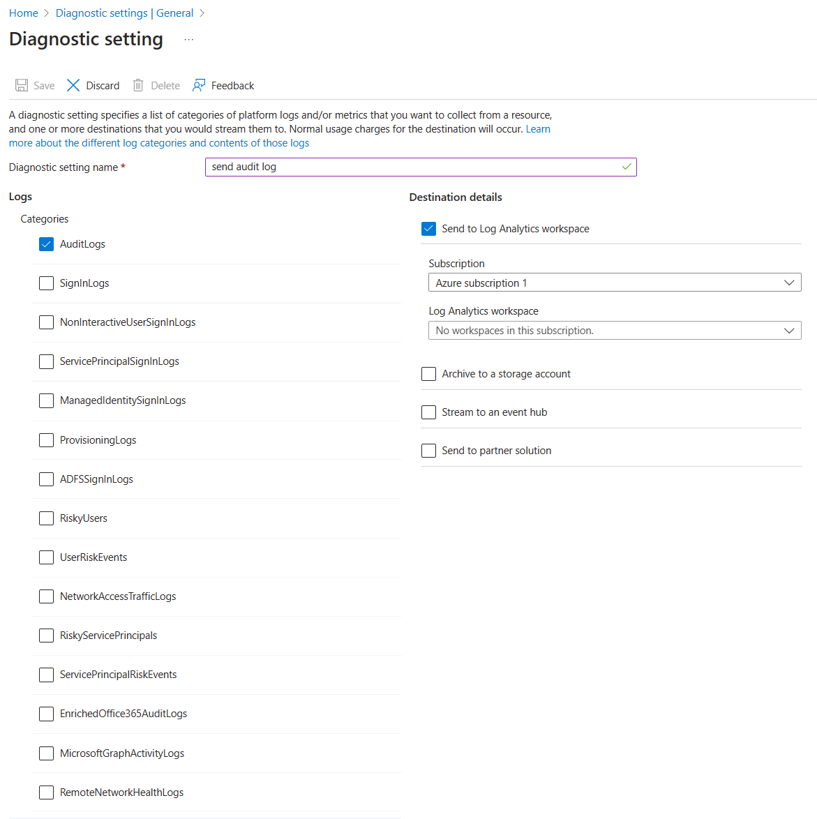 Diagnostics settings pane.