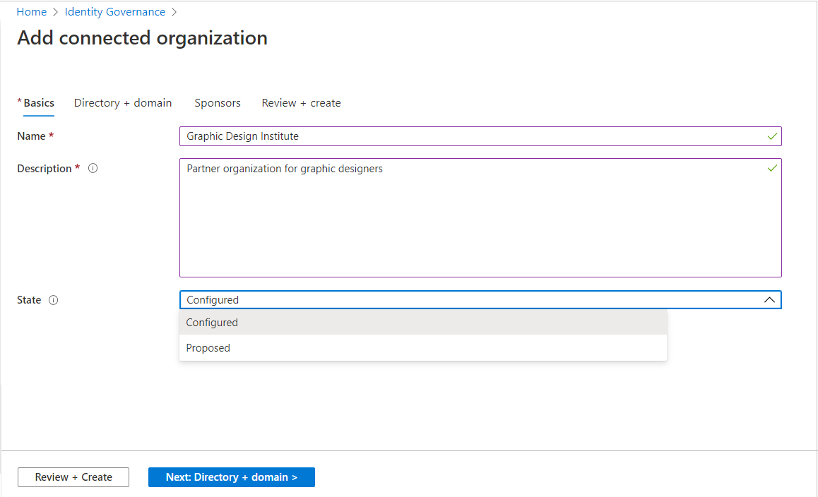 The "Add connected organization" Basics pane