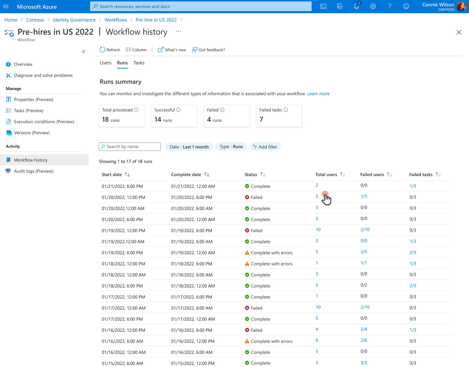 Screenshot of a workflow runs summary.