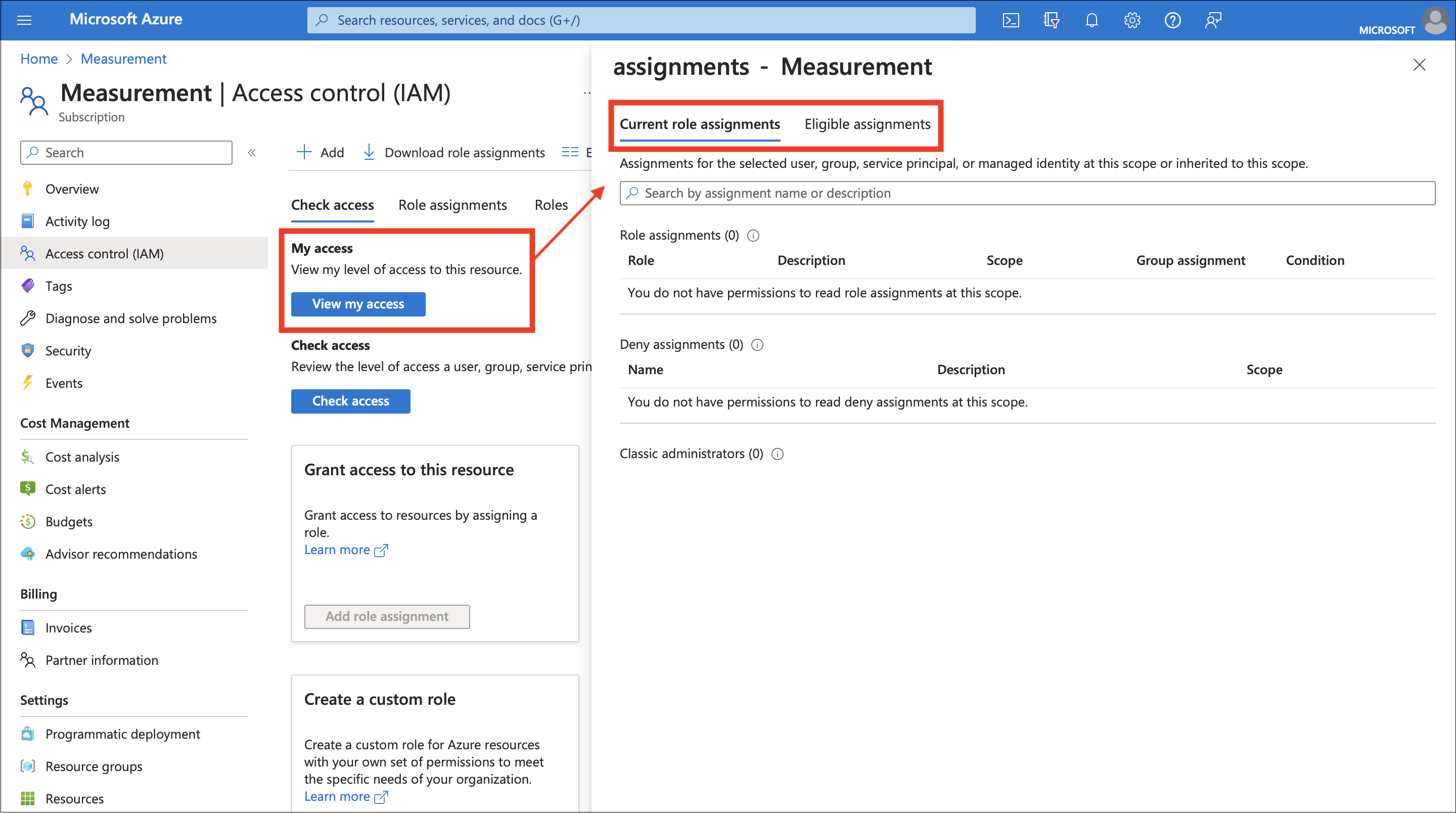 Screenshot of current role assignments on the Measurement page.