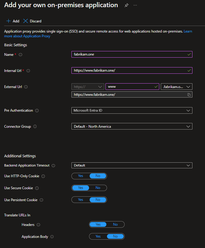 Screenshot of application proxy configuration.