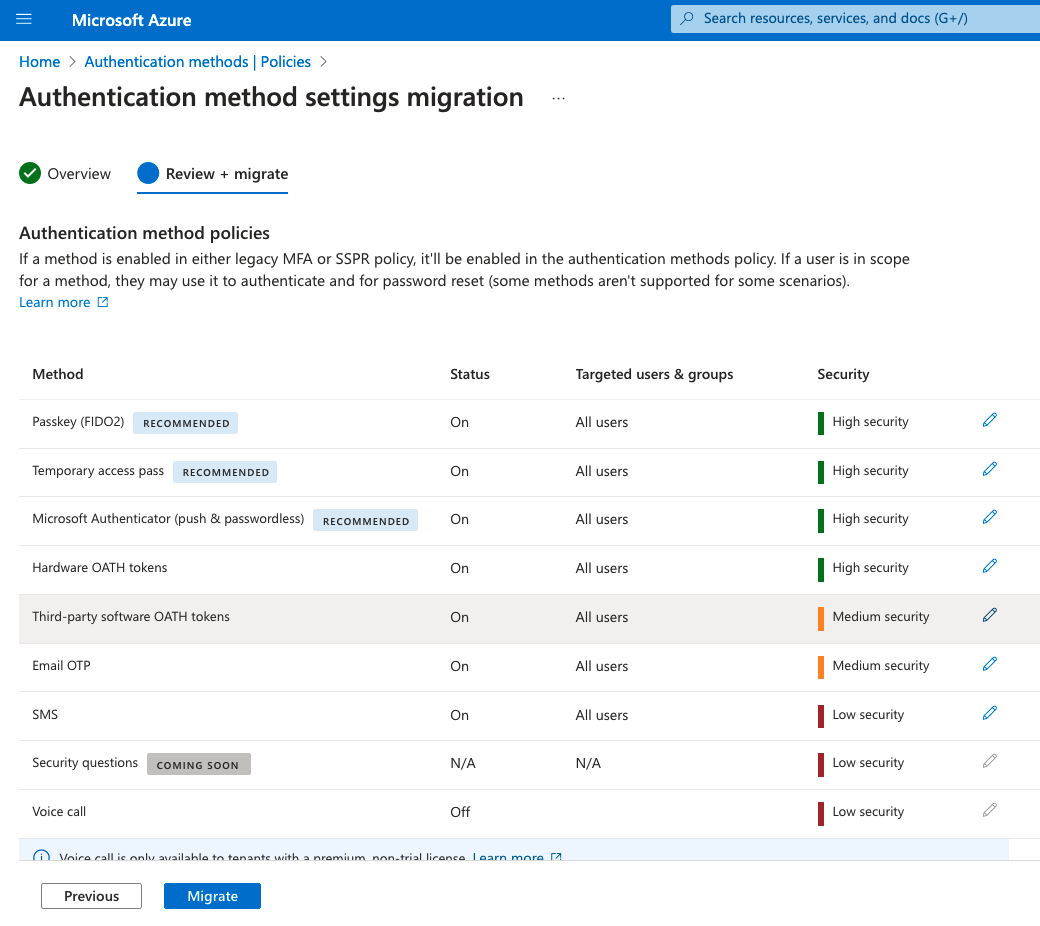 Screenshot of the Authentication methods policy blade with highlighted wizard second page.