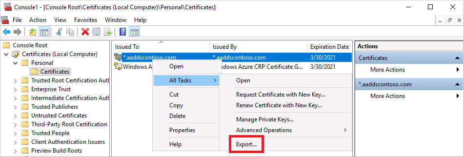 Export certificate in the Microsoft Management Console