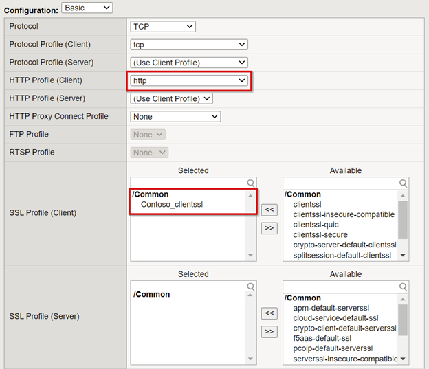 Screenshot of entries for HTTP Profile Client and SSL Profile Client.