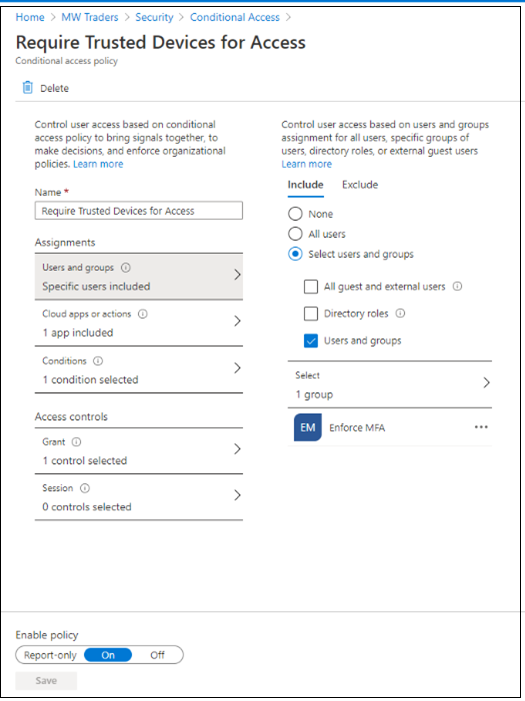 Screenshot of entries for Require Trusted Devices for Access, under Conditional Access.