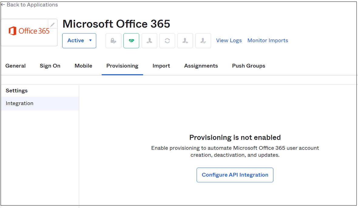 Screenshot of the Integration section in the Okta portal. A message states provisioning is not enabled.